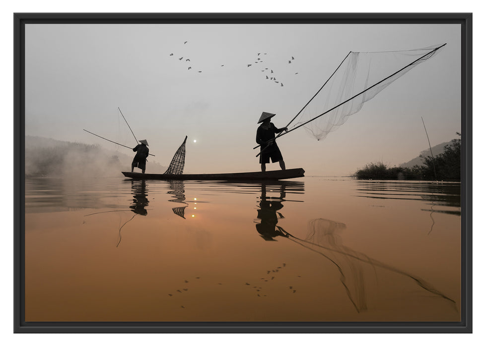 Fischer beim Angeln in Thailand Schattenfugenrahmen 100x70