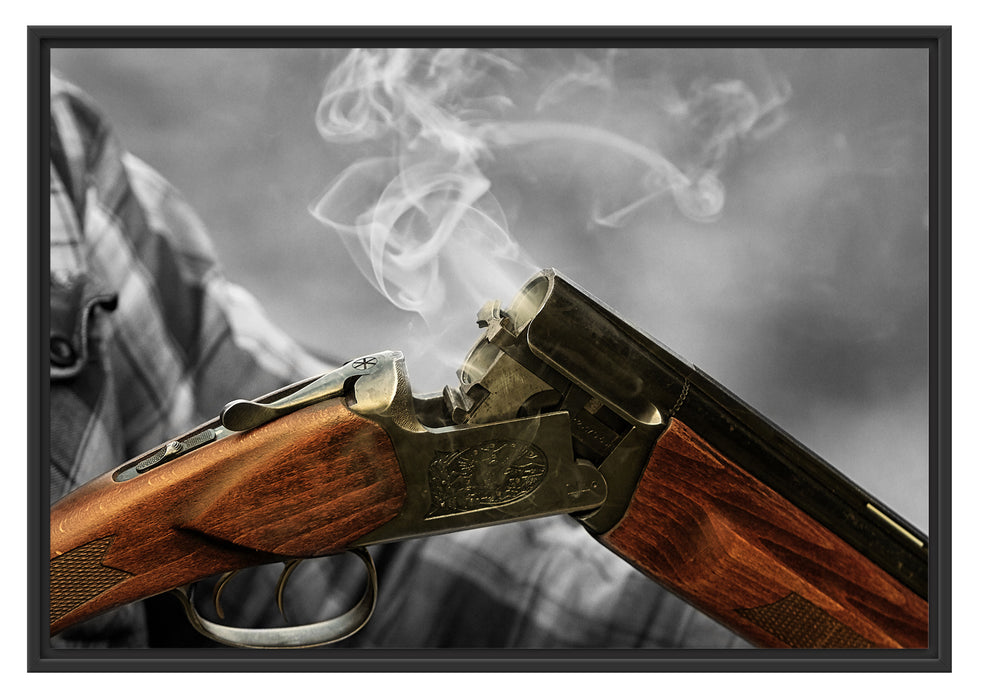 Pixxprint Jagdgewehr nach dem Brand, im Schwebe-Effekt Bilderrahmen