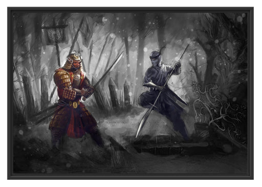 Kampf zwischen Samurai und Ninja Schattenfugenrahmen 100x70