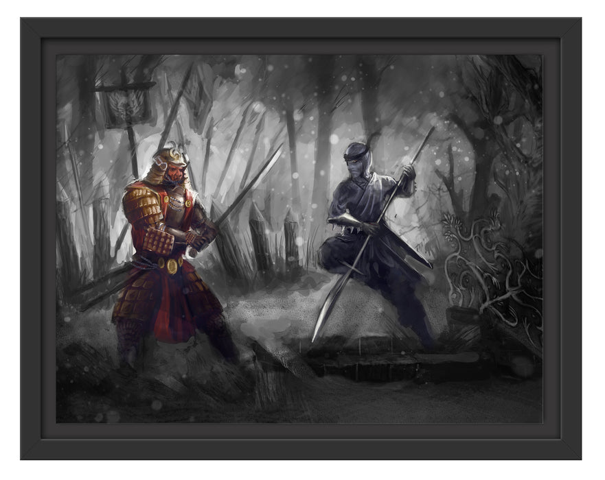 Kampf zwischen Samurai und Ninja Schattenfugenrahmen 38x30