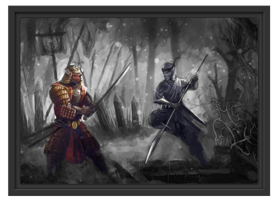 Kampf zwischen Samurai und Ninja Schattenfugenrahmen 55x40