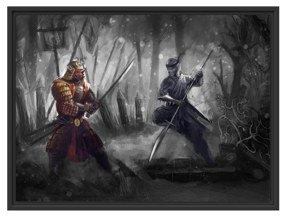 Kampf zwischen Samurai und Ninja Schattenfugenrahmen 80x60