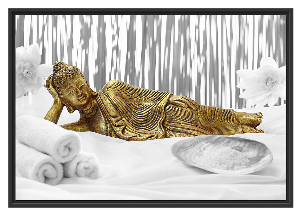 goldener Buddha auf Handtuch Schattenfugenrahmen 100x70