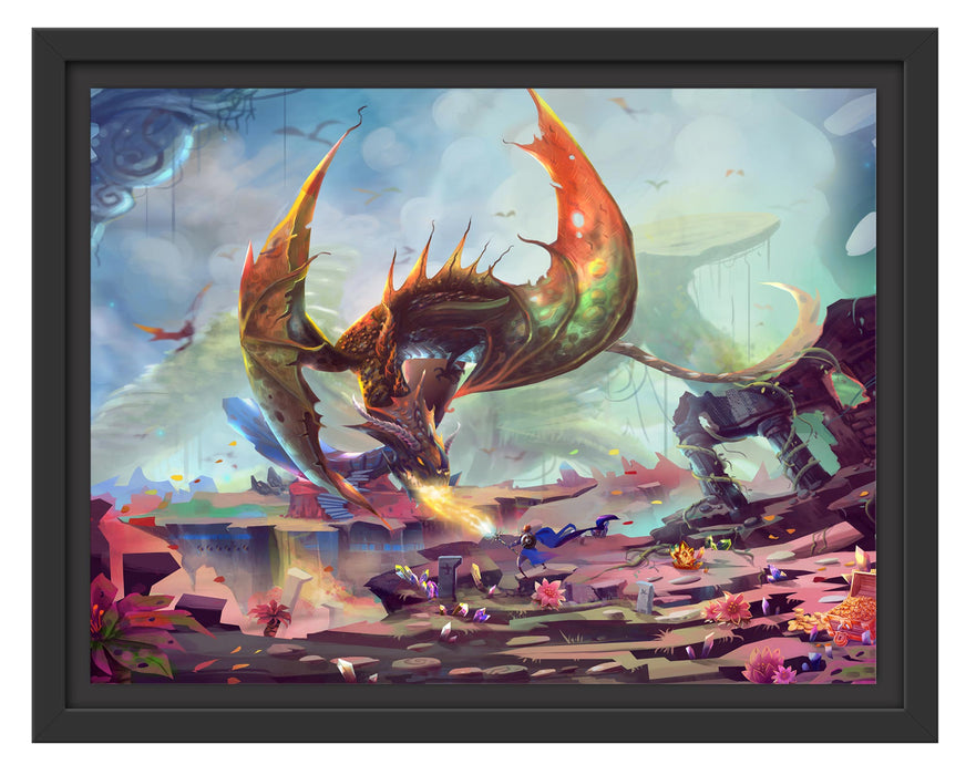Pixxprint Kampf mit feuerspeiendem Drachen, im Schwebe-Effekt Bilderrahmen