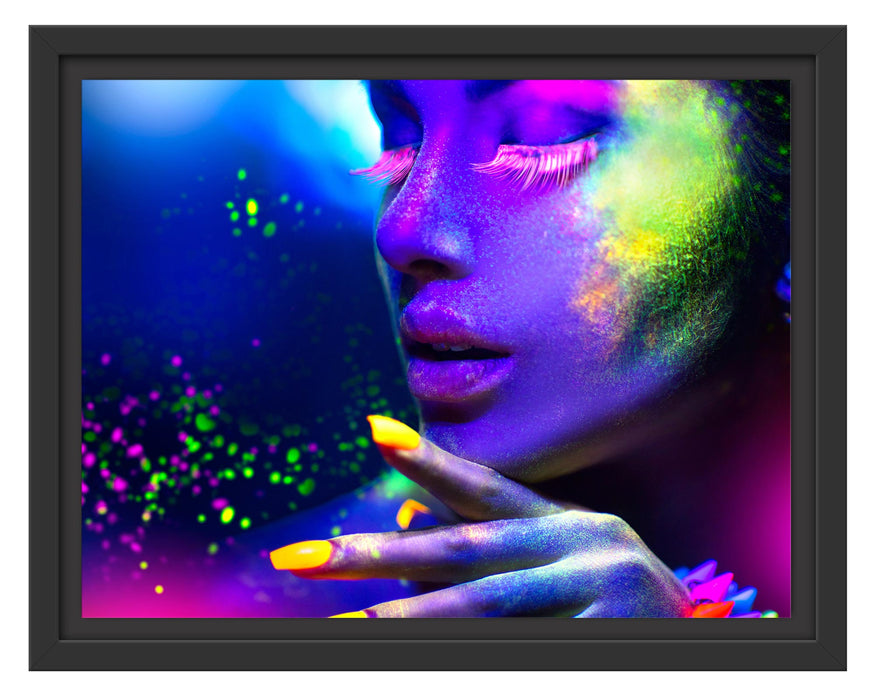 Pixxprint Frauengesicht bunte Neonlichter, im Schwebe-Effekt Bilderrahmen