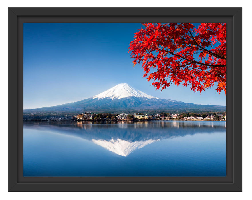 Pixxprint Berg Fujiyama mit herbstlich rotem Baum, im Schwebe-Effekt Bilderrahmen