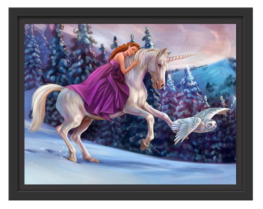 Pixxprint Mädchen reitet auf Einhorn im Winter, im Schwebe-Effekt Bilderrahmen