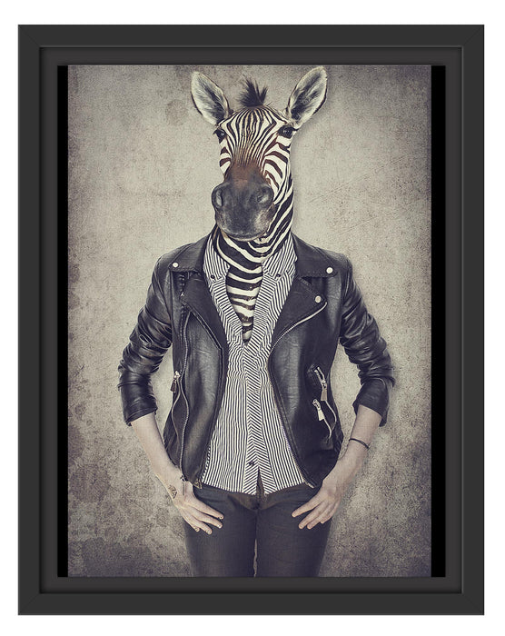 Pixxprint Zebrakopf Menschenkörper mit Lederjacke, im Schwebe-Effekt Bilderrahmen