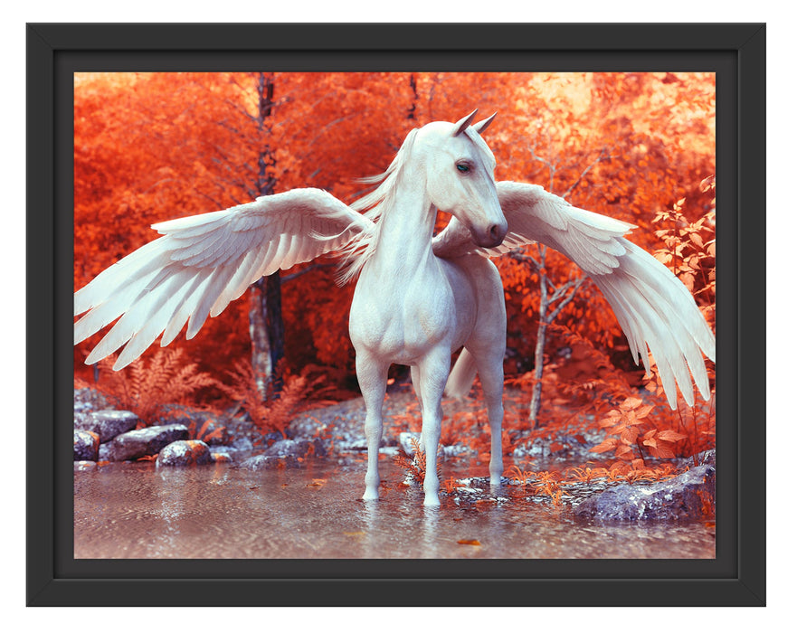 Pixxprint Pegasus im Fluss eines Herbstwaldes, im Schwebe-Effekt Bilderrahmen