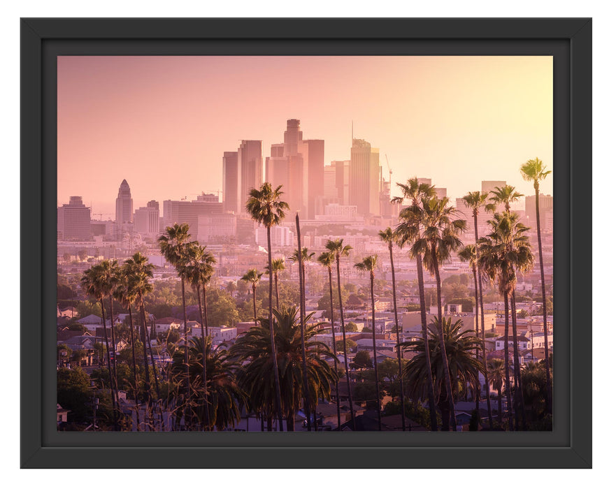 Pixxprint Palmen vor Skyline von Los Angeles, im Schwebe-Effekt Bilderrahmen