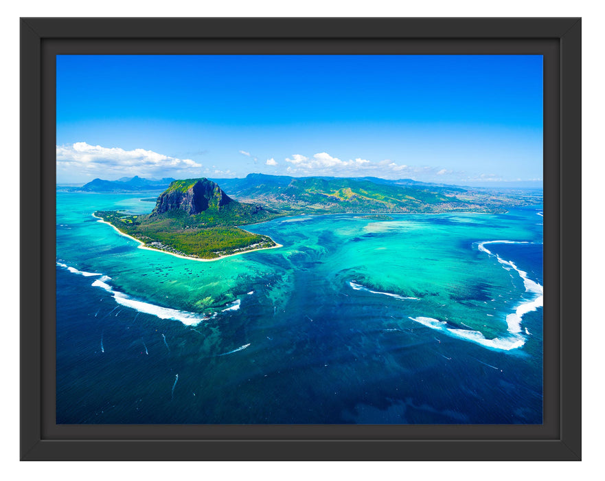 Pixxprint Blick von oben auf die Trauminsel Mauritius, im Schwebe-Effekt Bilderrahmen