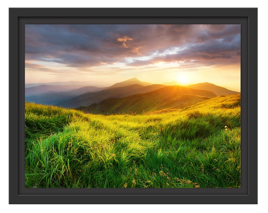 Pixxprint Sommerliche Bergwiese Sonnenuntergang, im Schwebe-Effekt Bilderrahmen