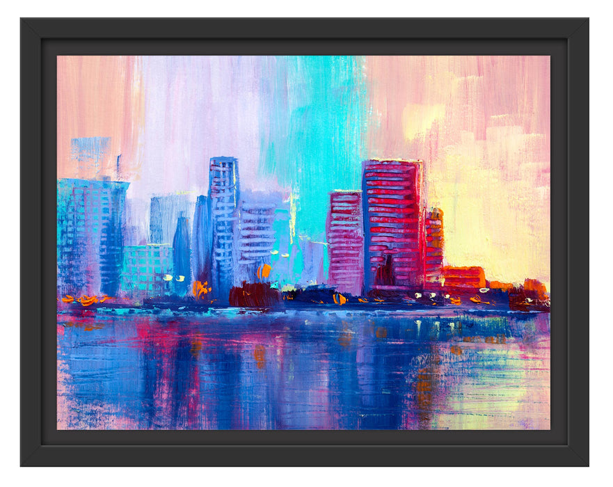 Pixxprint Abstraktes Ölgemälde einer Skyline, im Schwebe-Effekt Bilderrahmen
