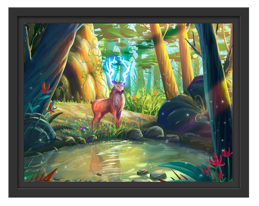 Pixxprint Märchenhafter Hirsch an buntem Waldsee, im Schwebe-Effekt Bilderrahmen