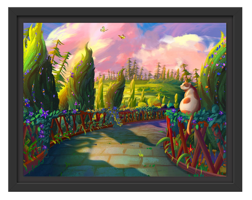 Pixxprint Katze auf Geländer im Wald, im Schwebe-Effekt Bilderrahmen