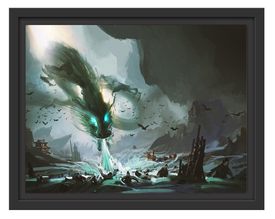 Pixxprint Böser Wasserdrache greift Dorf an, im Schwebe-Effekt Bilderrahmen