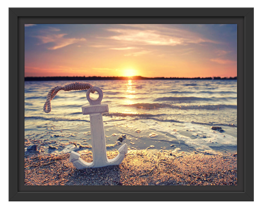 Pixxprint Anker am Ostseestrand im Sonnenuntergang, im Schwebe-Effekt Bilderrahmen