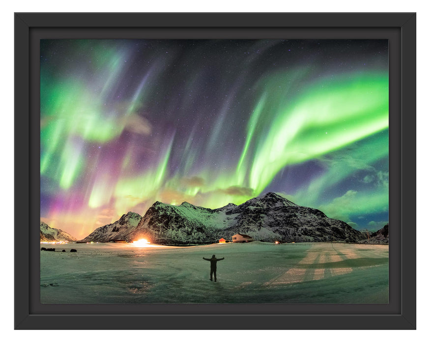 Pixxprint Polarlichter über den Bergen bei Nacht, im Schwebe-Effekt Bilderrahmen