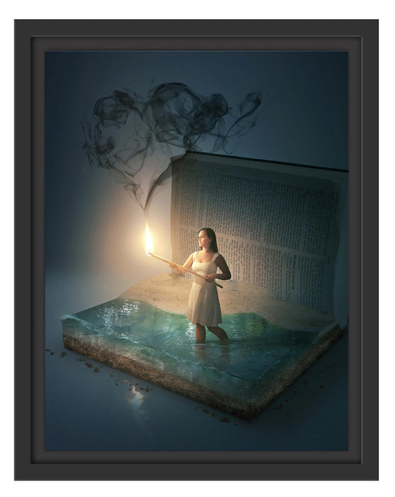 Pixxprint Frau mit Fackel steigt aus Buch, im Schwebe-Effekt Bilderrahmen