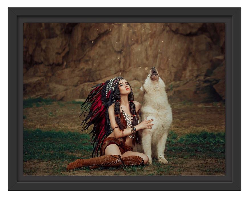 Pixxprint Indianische Frau und heulender Wolfshund, im Schwebe-Effekt Bilderrahmen