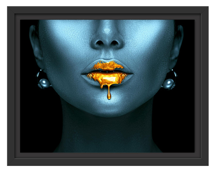 Pixxprint Frauenmund mit goldenem Gloss, im Schwebe-Effekt Bilderrahmen