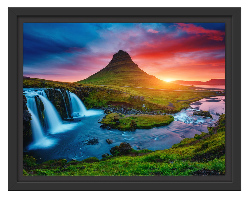 Pixxprint Kirkjufell Vulkan im Sonnenuntergang, im Schwebe-Effekt Bilderrahmen