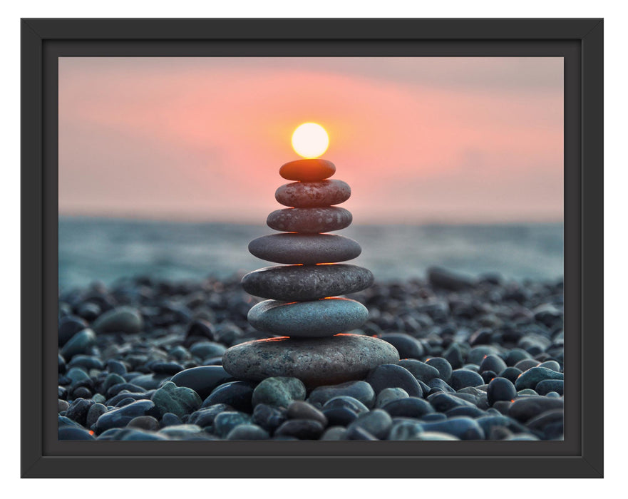 Pixxprint Kieselsteinpyramide im Sonnenuntergang, im Schwebe-Effekt Bilderrahmen
