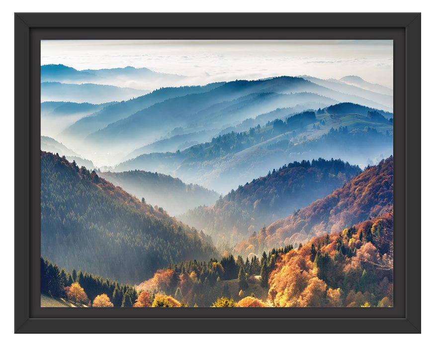 Pixxprint Nebelige Berglandschaft im Herbst, im Schwebe-Effekt Bilderrahmen