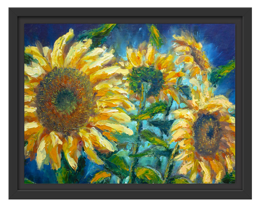 Pixxprint Sonnenblumen vor blauem Hintergrund, im Schwebe-Effekt Bilderrahmen