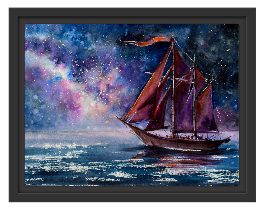Pixxprint Rotes Segelboot in Sternenheller Nacht, im Schwebe-Effekt Bilderrahmen