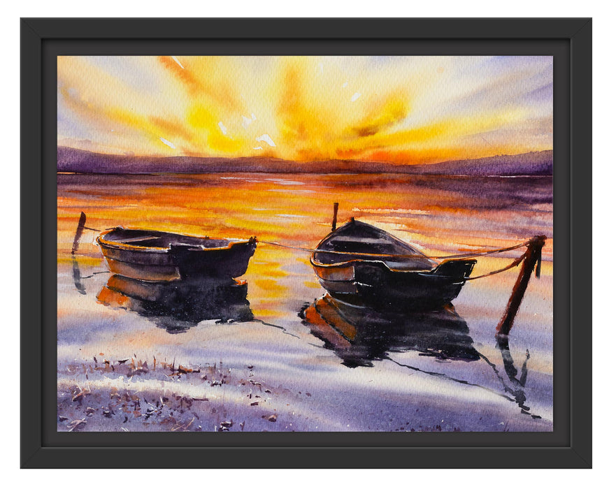 Pixxprint Zwei angeleinte Boote bei Sonnenuntergang, im Schwebe-Effekt Bilderrahmen