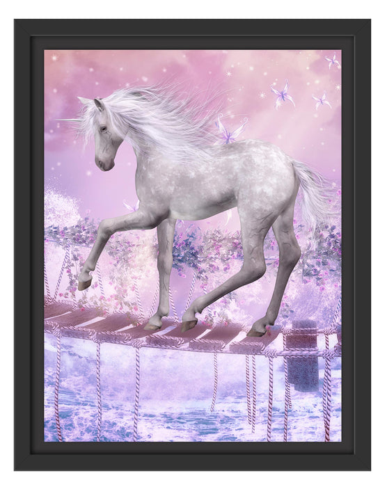 Pixxprint Einhorn läuft über Hängebrücke, im Schwebe-Effekt Bilderrahmen
