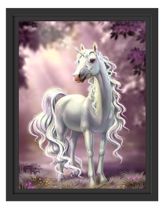 Pixxprint Pink äugiges Einhorn im rosa Märchenwald, im Schwebe-Effekt Bilderrahmen
