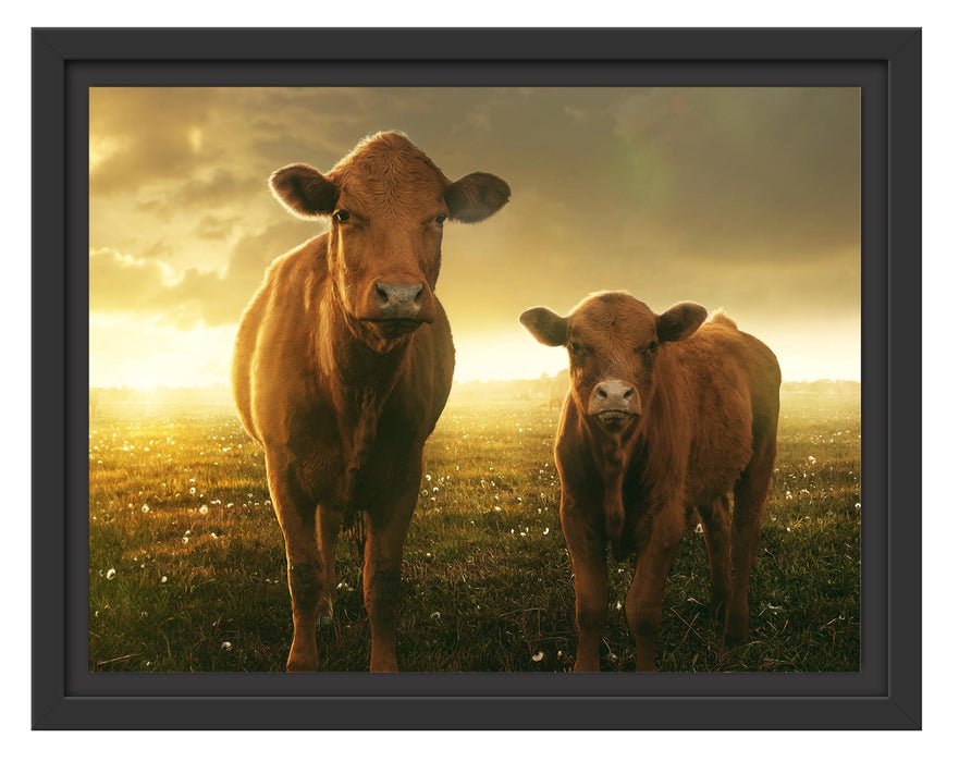 Pixxprint Kuh und Kalb im Sonnenuntergang auf Wiese, im Schwebe-Effekt Bilderrahmen