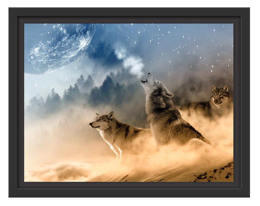 Pixxprint Wölfe in der Wüste heulen Vollmond an, im Schwebe-Effekt Bilderrahmen