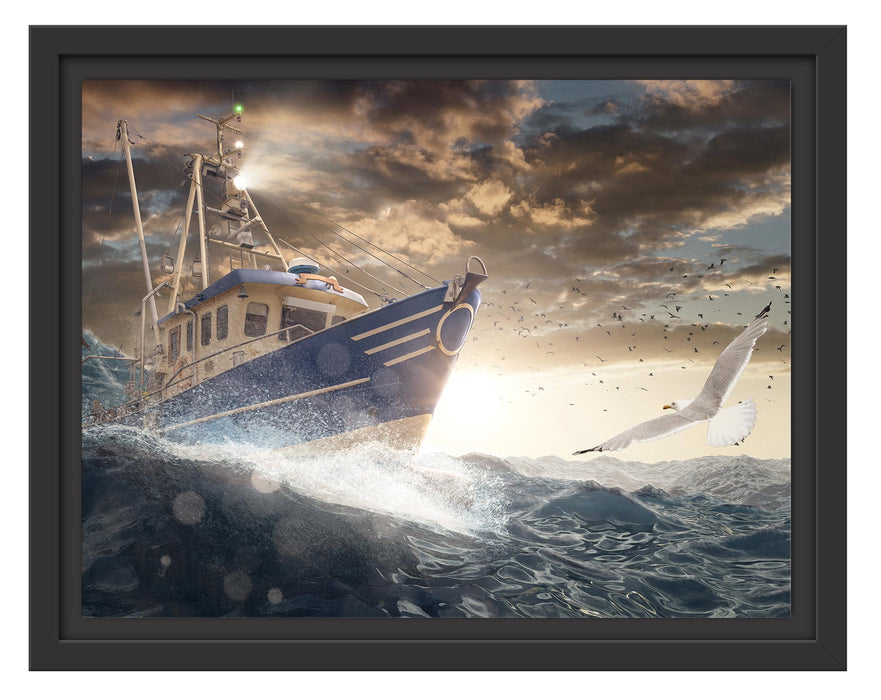 Pixxprint Fischerboot im Sturm auf hoher See, im Schwebe-Effekt Bilderrahmen