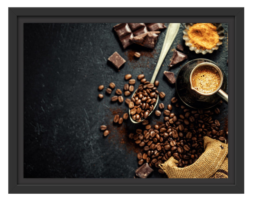 Pixxprint Kaffeebohnen und Schokolade von oben, im Schwebe-Effekt Bilderrahmen
