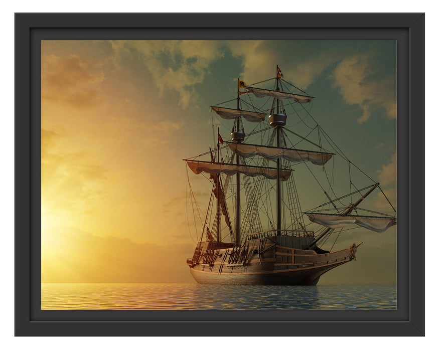 Pixxprint Großes Segelschiff im Sonnenuntergang, im Schwebe-Effekt Bilderrahmen