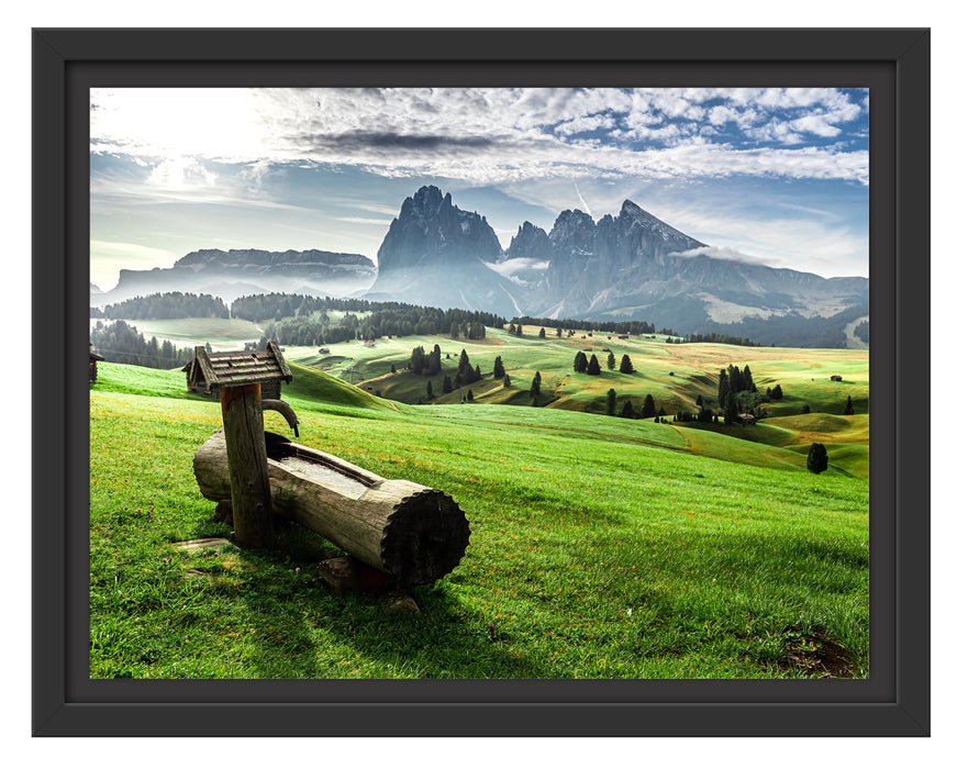 Pixxprint Wassertrog auf Wiese in den Dolomiten, im Schwebe-Effekt Bilderrahmen