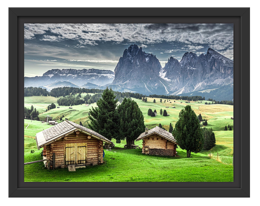 Pixxprint Blockhäuser in den Dolomiten, im Schwebe-Effekt Bilderrahmen