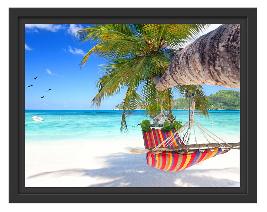 Pixxprint Bunte Hängematte am Traumstrand, im Schwebe-Effekt Bilderrahmen