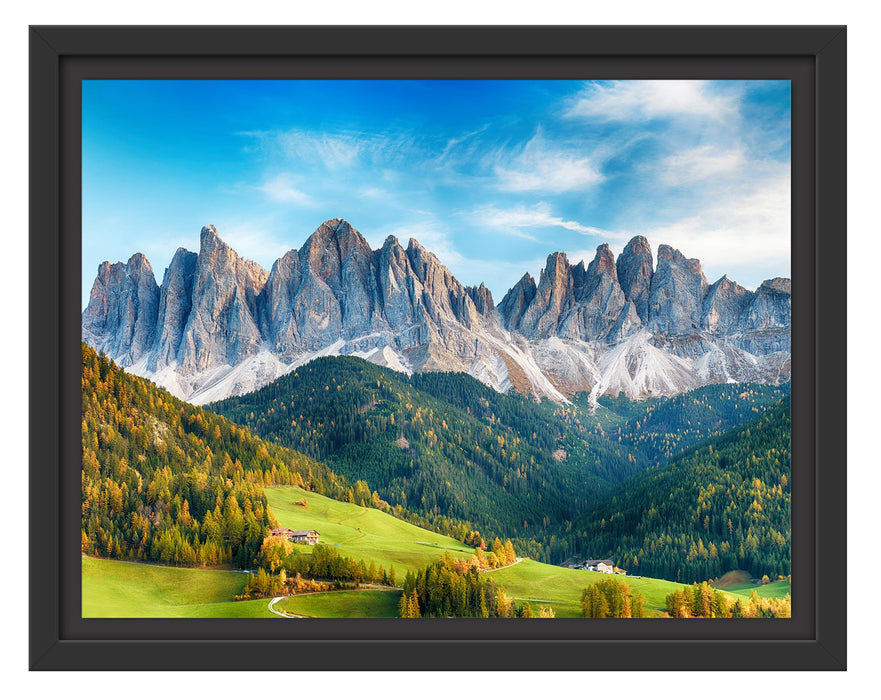 Pixxprint Bunte Waldlandschaft vor den Dolomiten, im Schwebe-Effekt Bilderrahmen