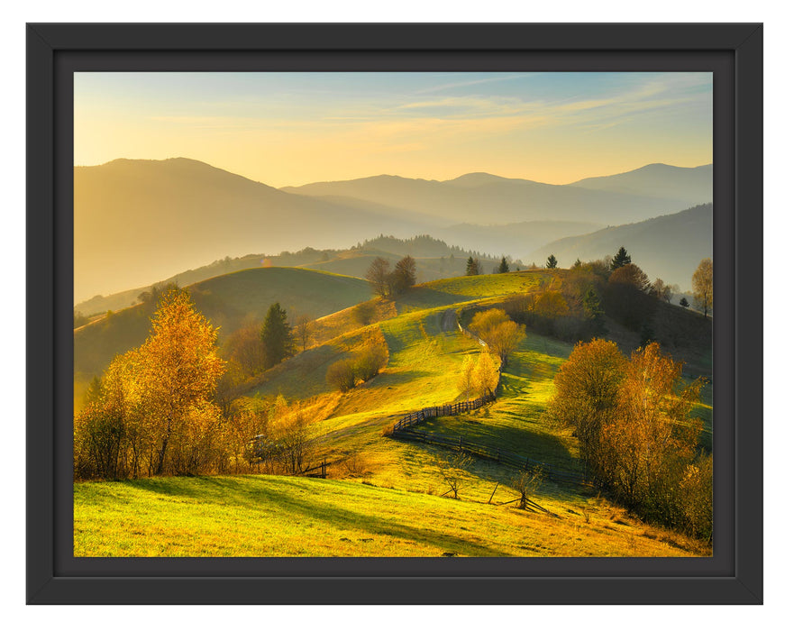 Pixxprint Hügelige Herbstlandschaft bei Sonnenuntergang, im Schwebe-Effekt Bilderrahmen