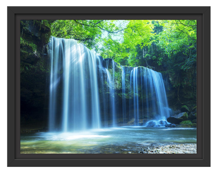 Pixxprint Tropischer Wasserfall im Wald, im Schwebe-Effekt Bilderrahmen