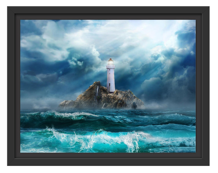 Pixxprint Sonnenstrahlen auf Leuchtturm im Sturm, im Schwebe-Effekt Bilderrahmen