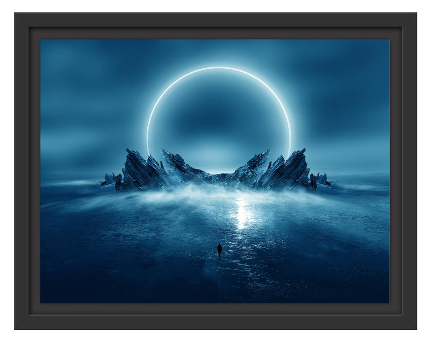 Pixxprint Abstrakter Mond hinter Felsformation, im Schwebe-Effekt Bilderrahmen