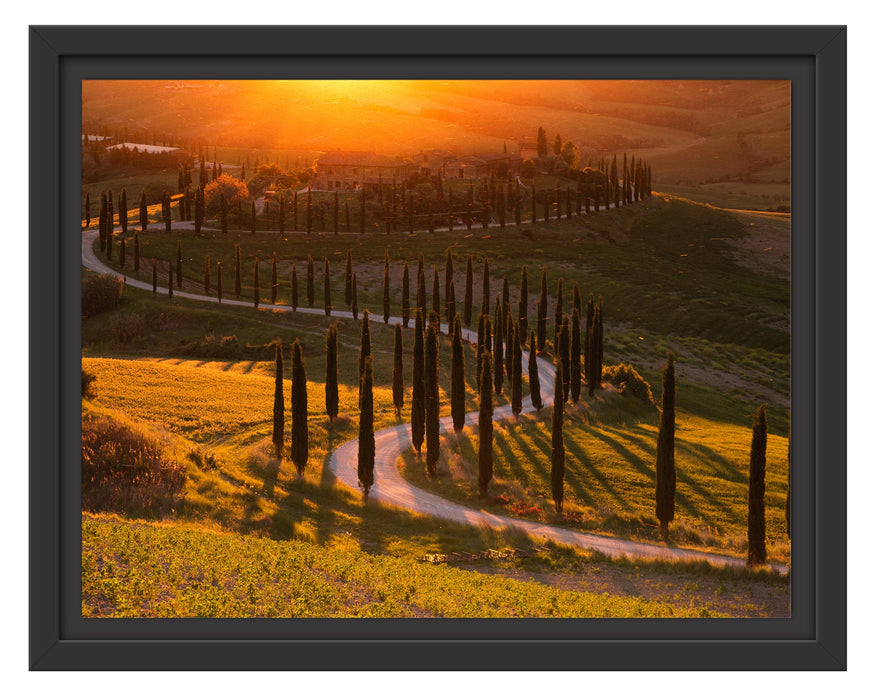 Pixxprint Straße in der Toskana im Sonnenuntergang, im Schwebe-Effekt Bilderrahmen