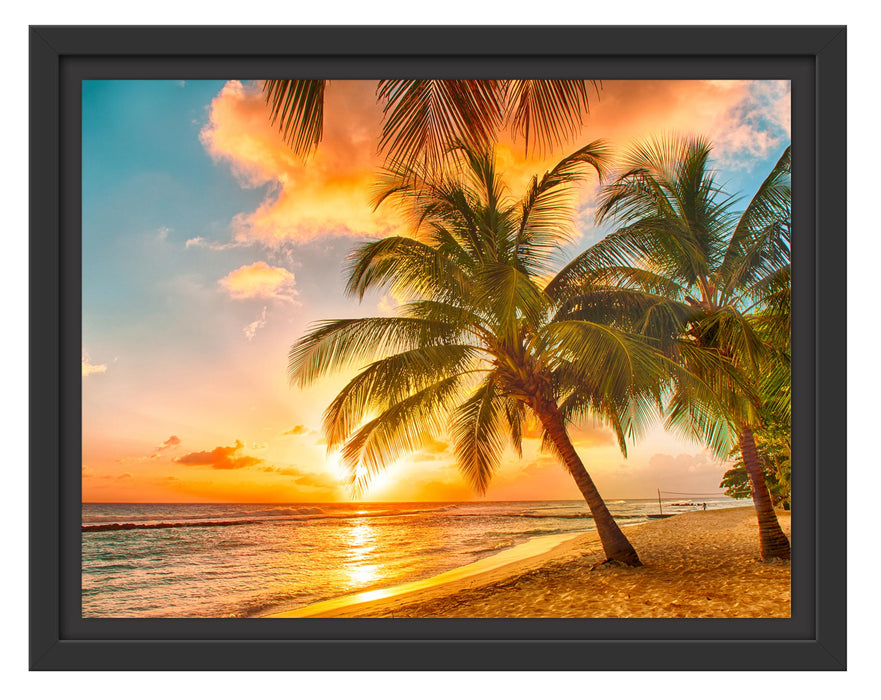 Pixxprint Palmen im Sonnenuntergang auf Barbados, im Schwebe-Effekt Bilderrahmen