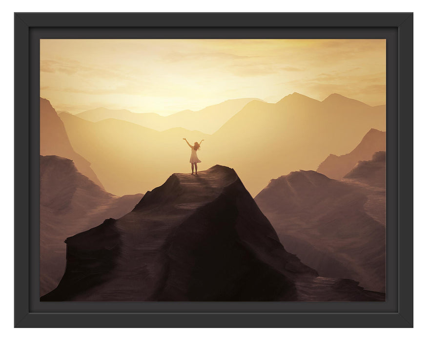 Pixxprint Einsame Frau auf Felszug Anbetung, im Schwebe-Effekt Bilderrahmen