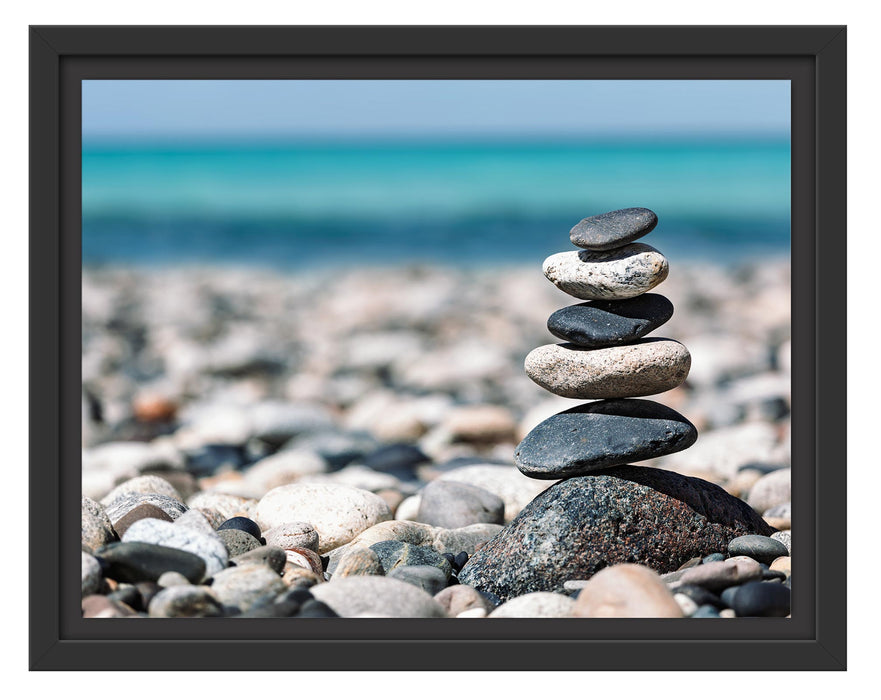 Pixxprint Steinpyramide am Kiesstrand, im Schwebe-Effekt Bilderrahmen